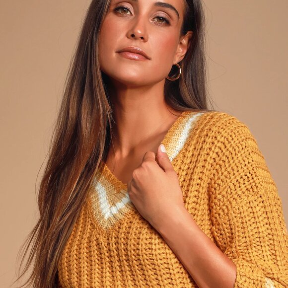 Sage Avery Mustard Yellow and White Striped Cropped Knot Sweater - Size Medium - Picture 2 of 6